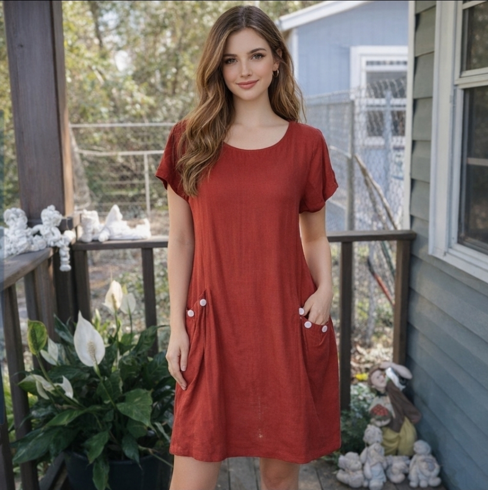 Yidarton Linen Blend Mini Shift Dress Large Pockets Casual Scoop Neckline Boho